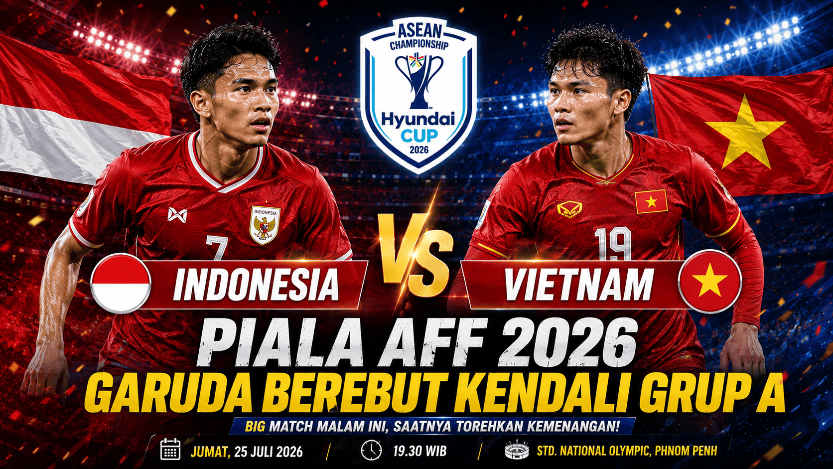 Jadwal siaran langsung Indonesia vs Vietnam di Piala AFF 2026 malam ini.